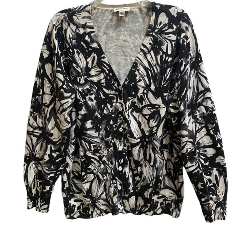St. John's Bay Women Sweater Cardigan Floral Black Cream Grey Button Down 1X